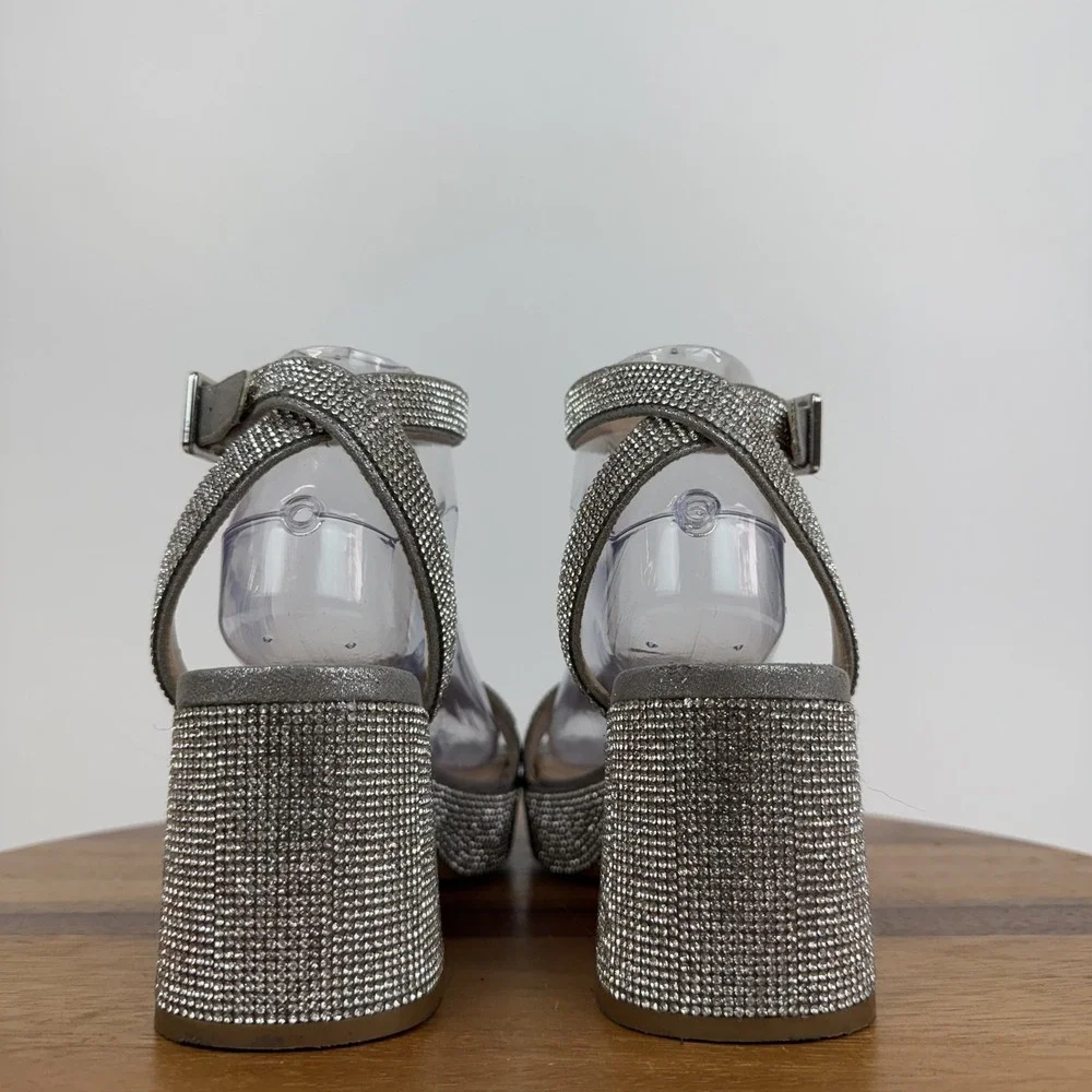 Womens Steve Madden Mercerr Silver Rhinestone Platform Sandal Heels Size 7 M GUC